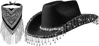 Fancyes Chapéu de cowboy com bandana com franjas para mulheres chapéu de sol com franjas de strass brilhantes chapéu de cowgirl para chá de panela vestido de