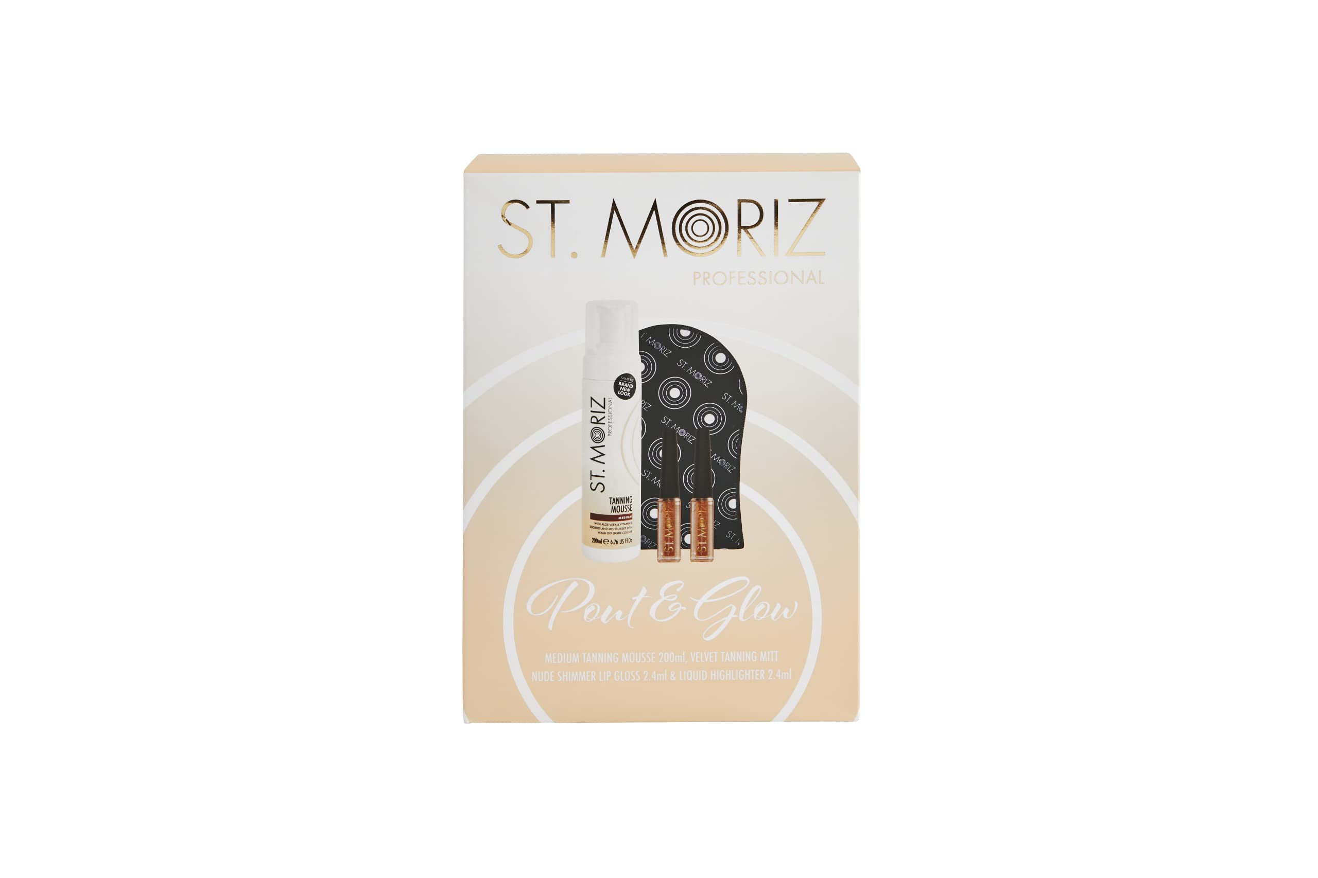 ST. MORIZPout & Glow Gift Set - Professional Medium Tanning Mousse (200ml), Nude Shimmer Lip Gloss (3ml), Liquid Highlighter (3ml) & Velvet Tanning Mitt, Brown