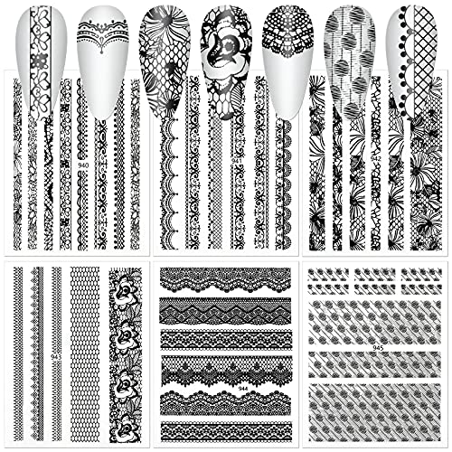 MWOOT 6 Feuilles Dentelle Noire Stickers Ongles,3D Auto-adhésif Nail Art Autocollant Décalcomanies Set ,Autocollants Ongles pour Décoration Nail Bricolage Cover
