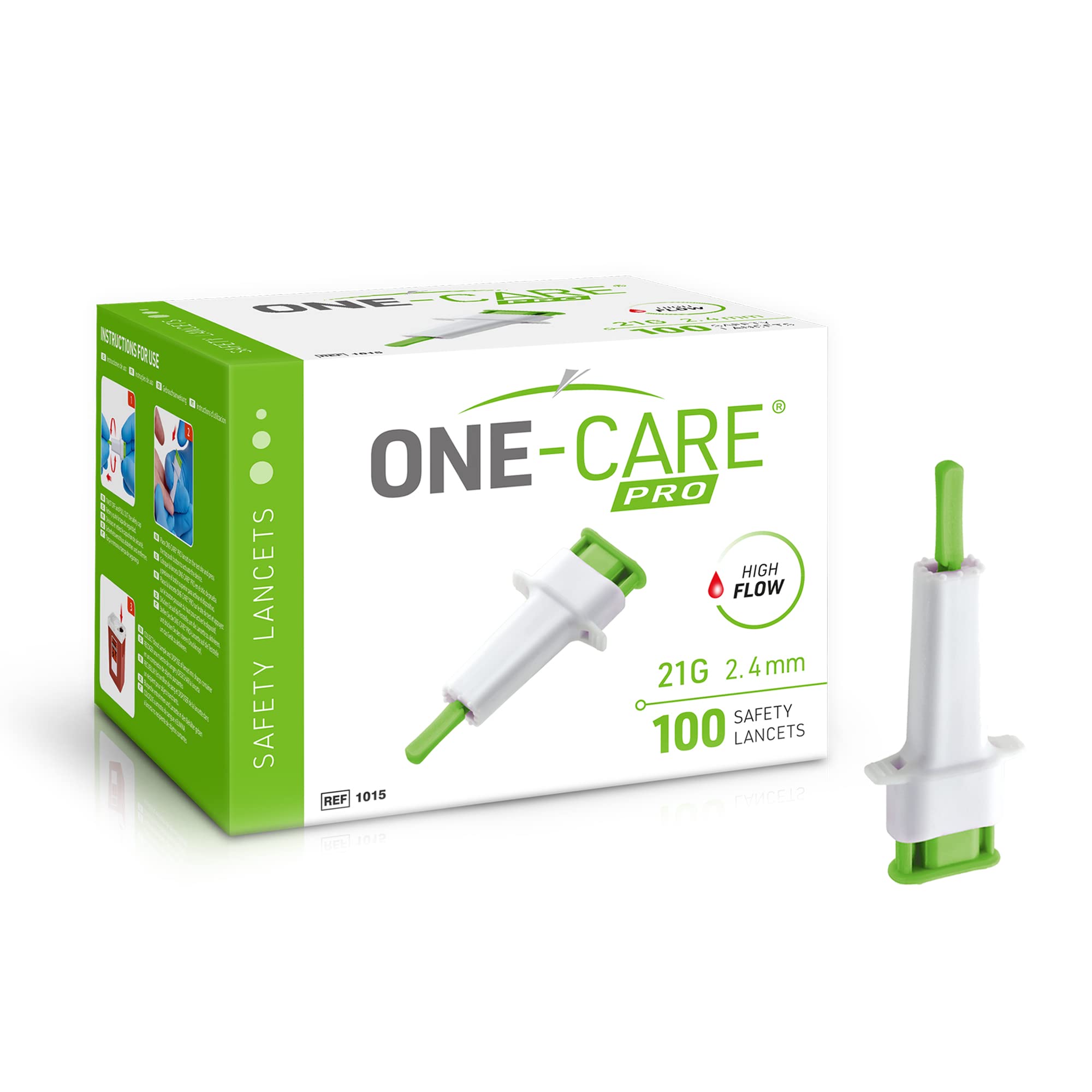 ONE-CARE PRO Safety Lancets, Top Push Button Activated, 21G x 2.4mm, 100/bx, Sterile, Convenient Sampling