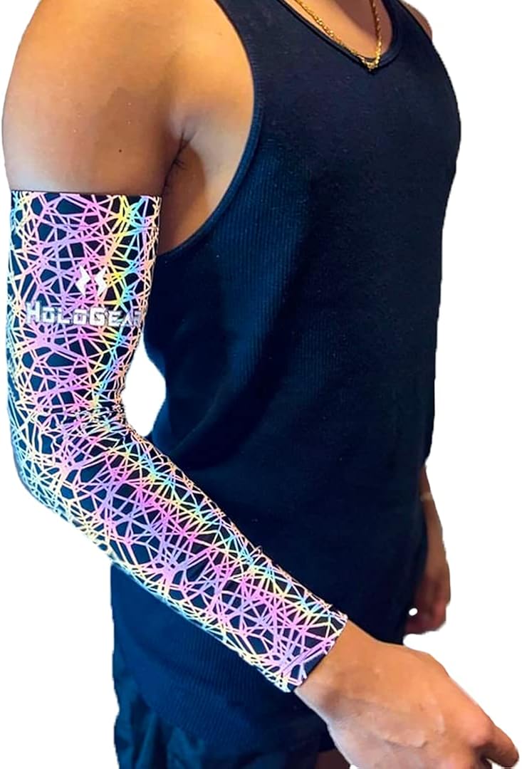 Gеt Sресіаl Prісе HoloGear Holographic Glowing Reflective Arm Sleeves - Flash Reflective Holographic Glowing Compression Sleeves (Black Multi-Color, L/XL)