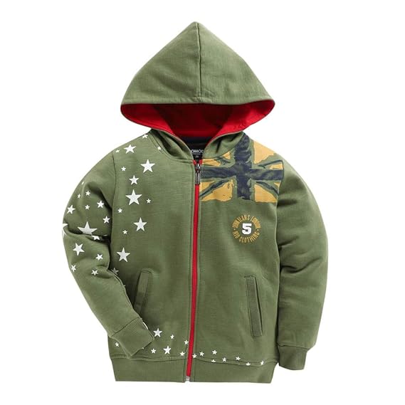 Hopscotch Niomoda Boys Fleece Star Print Full Sleeves Hoodie in Olive Color