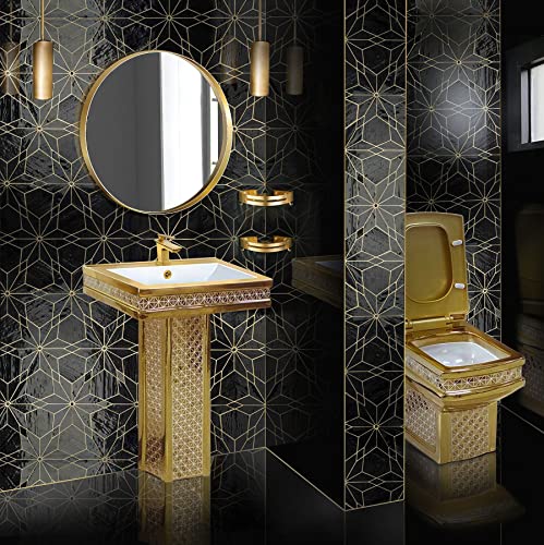 Inodoro moderno de una pieza con diseño decorativo en dorado y blanco, descarga dual potente y silenciosa para baño miniatura 2