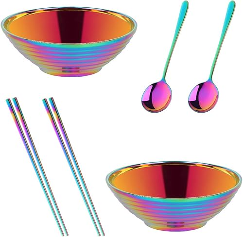 Buy Things! - Tazón para sopa de fideos Ramen, 2 juegos de tazones de doble capa de acero inoxidable 188 (7.09 pulgadas), con cuchara y palillos a