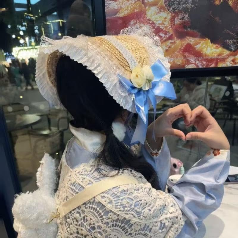 Sombrero victoriano de fiesta de té para mujer, con lazos de Lolita, sombreros de paja planos para mujer, sombrero de ala ancha con cordón de viento 5