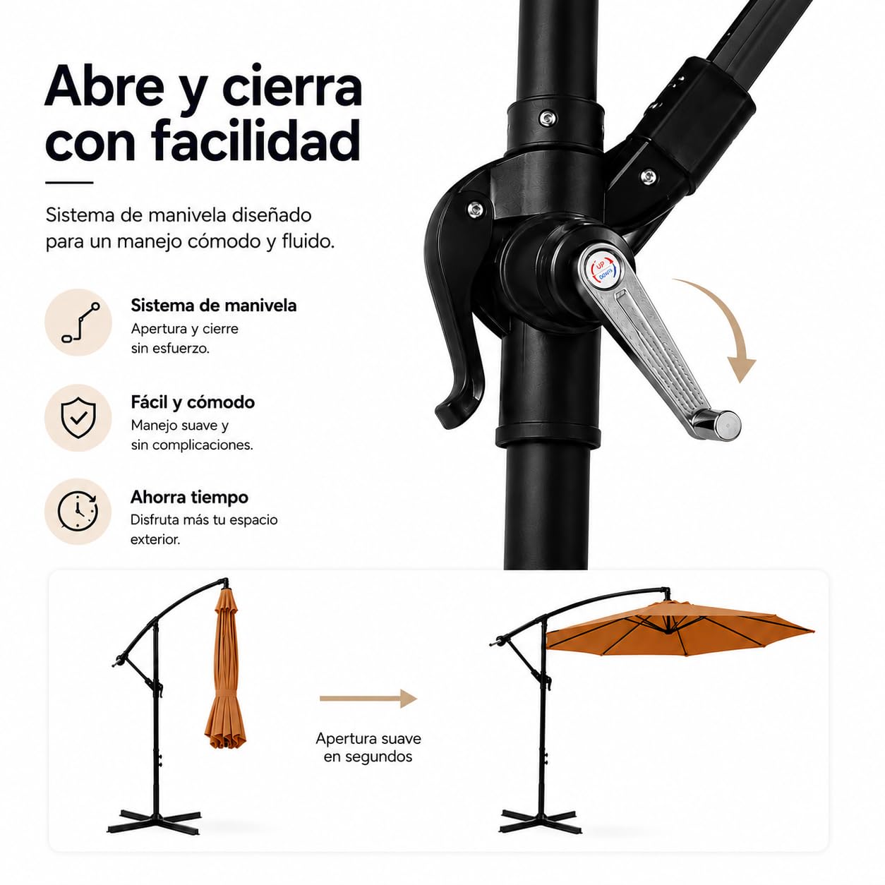 Sombrilla Terraza Exterior 3 m Lateral Inclinable 360° – Parasol Excéntrico de Jardín con Manivela, Mástil Lateral, Protección UV, Tejido Impermeable, Kaki (sin base)