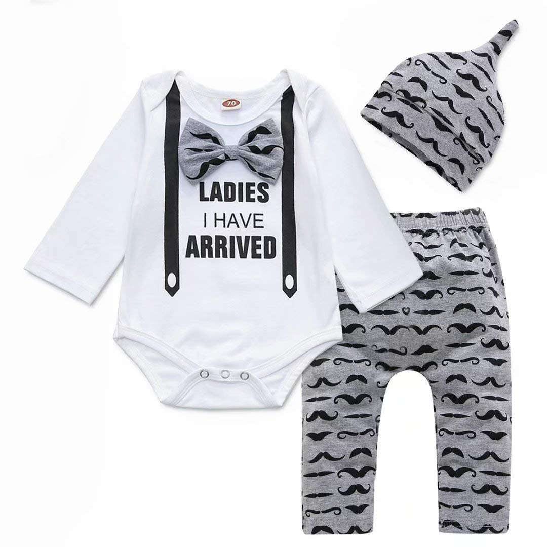 TikoubabeBaby Boy Clothes Newborn Outfits Infant Cute Hipster Romper + Long Pants + Hat 3 Pieces