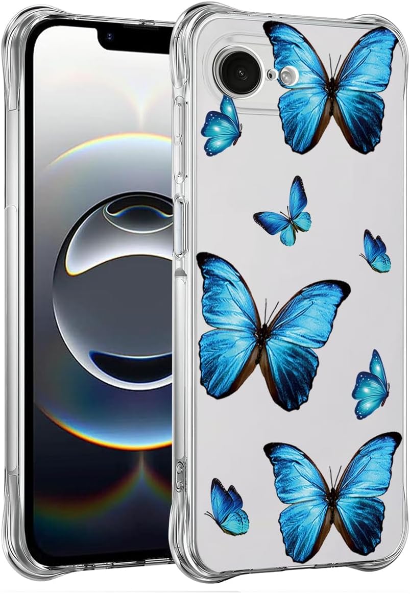 Case for iPhone 16E / for iPhone SE 4 Cute Cover, Clear Flexible Bumper TPU Soft Rubber Silicone Cover Phone Cases for iPhone16E Blue Butterfly