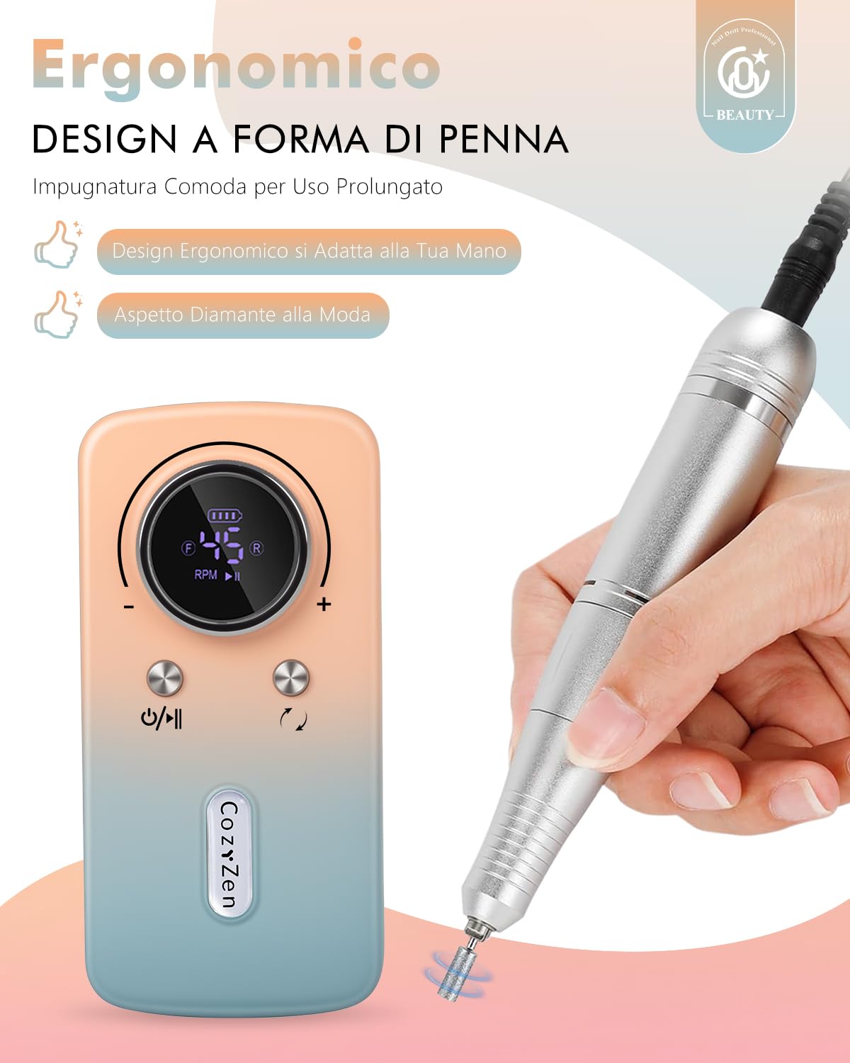 CozyZen Trapano per unghie senza fili professionale: 45000 giri/min, kit di lima elettrica ricaricabile per unghie, portatile e a basso rumore, per unghie acriliche, gel, manicure e pedicure, salone e