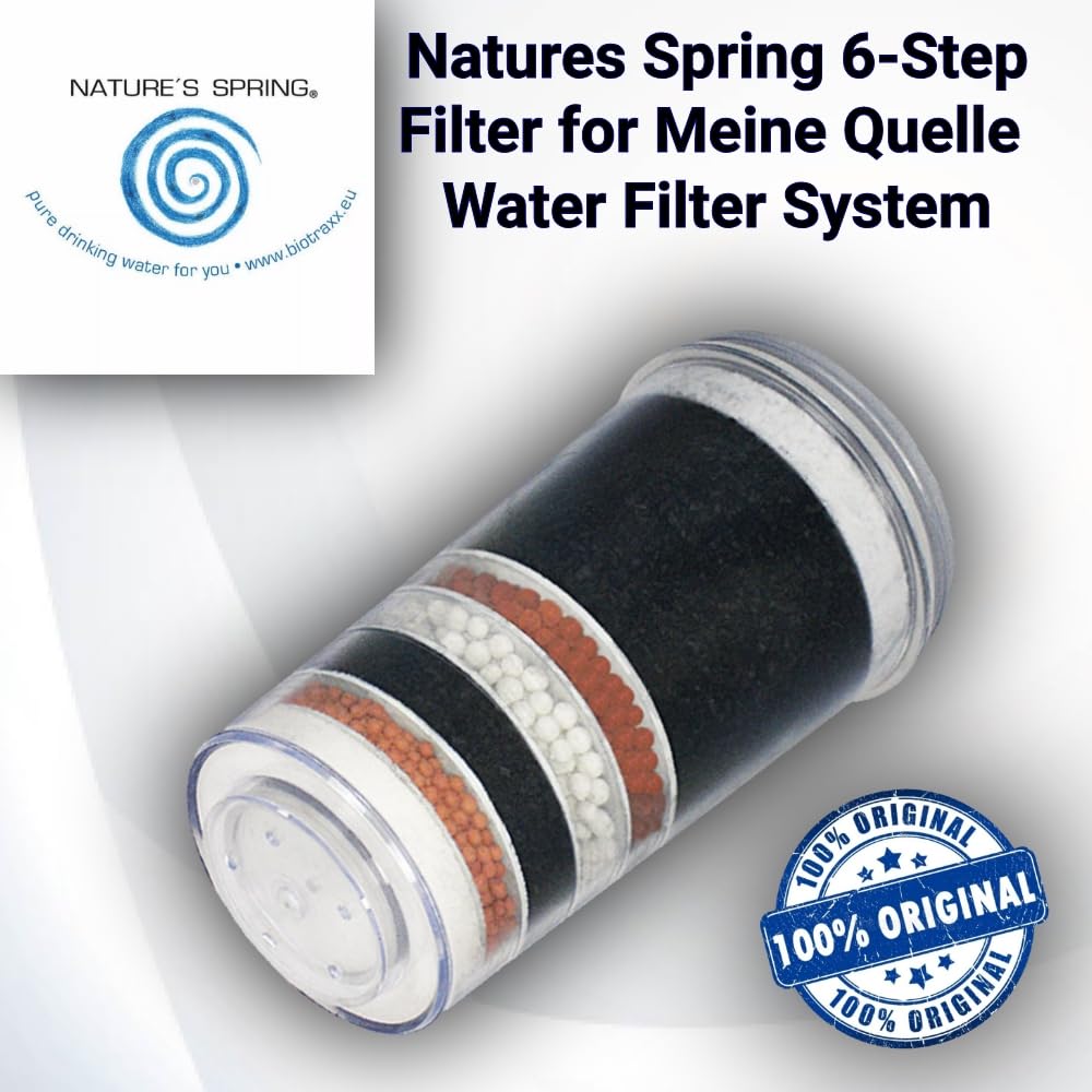 Natures Spring Ersatz-Wasserfilterkartuschen für das Mene Quelle Wasserfiltersystem - Keramikvorfilter - 6-Stufen Filterkartusche - Mineralisierungsstufe mit Maifansteinen (6-Stufen Filterkartusche)