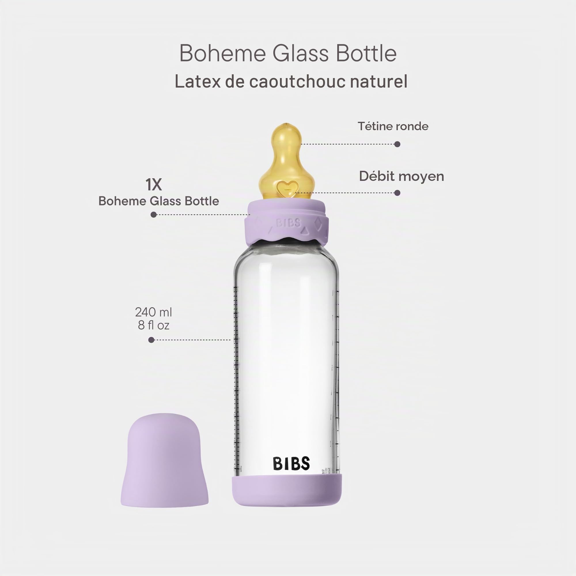 BIBS Boheme Baby Glass Bottle. Anti-colique. Embout rond en latex de caoutchouc naturel. Favorise l’allaitement naturel - Violet Sky