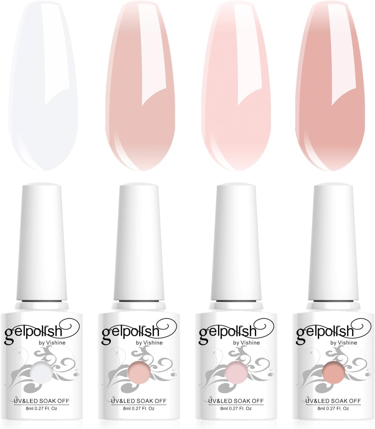 Vishine 4Pcs Jelly Nude Pink Milky White Rose Gel Nail Polish Set Sheer Clear Crystal Translucent French Manicure Gel Nail Polish Kit 8ml
