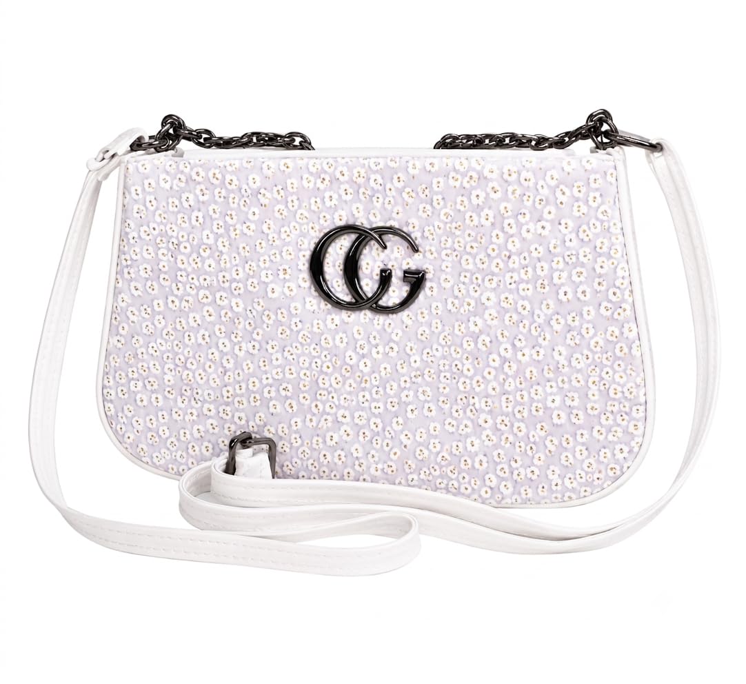 Floral Printed Sling Bag for Women, White, PU Leather Shoulder Bag with Chain Strap-image-25