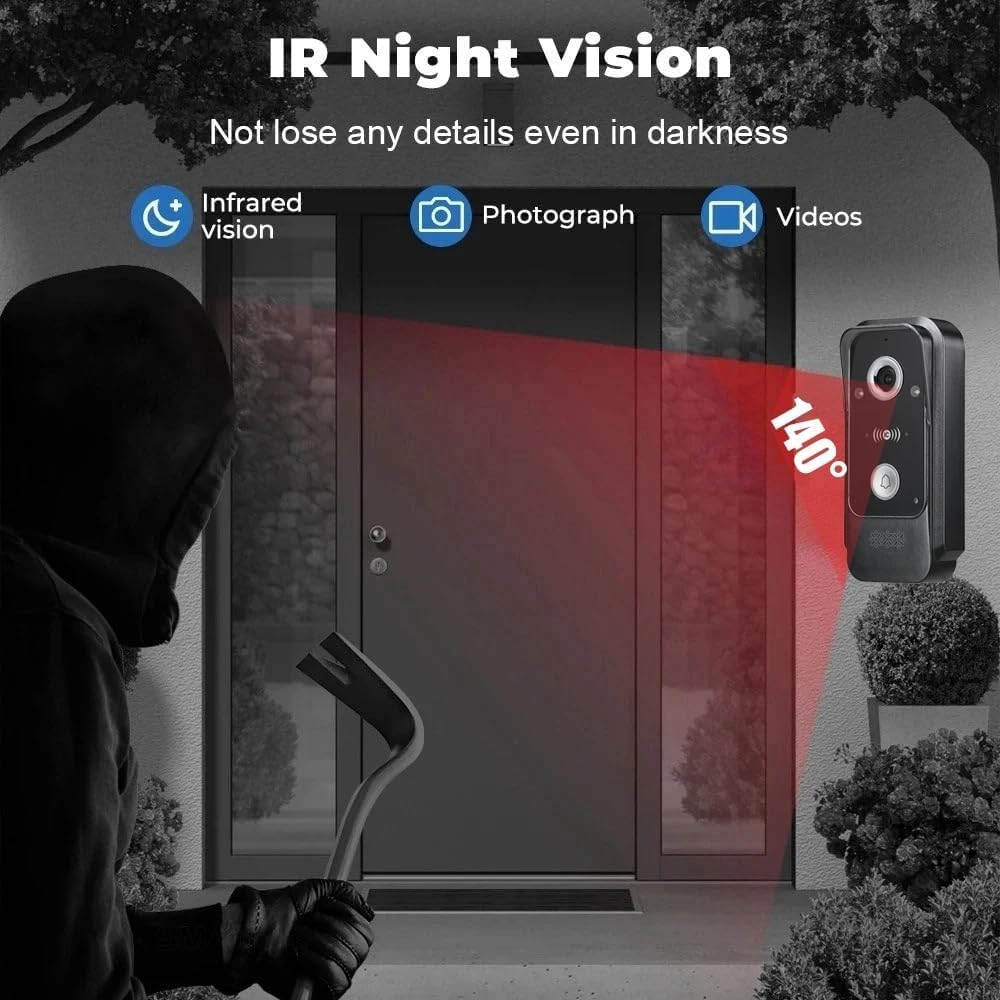 Timbre Inalámbrico con Cámara,Videoportero 4 Hilos,Detección Humana PIR,Audio Bidireccional,Timbre Casa,Visión Nocturna,Cámara Exterior Impermeable de 1080p,Desbloquear (1 timbre + 1 monitor)