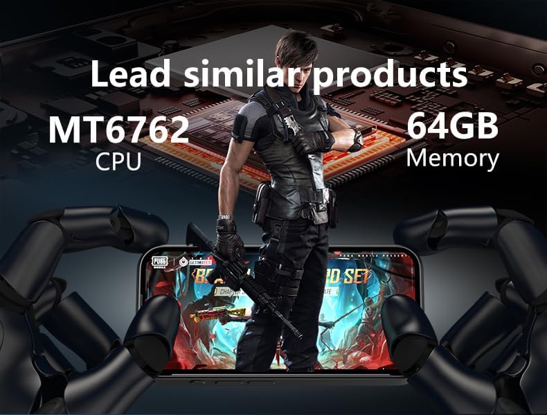 A person playing a game on the smartwatch, with text highlighting MT6762 CPU and 64GB Memory.