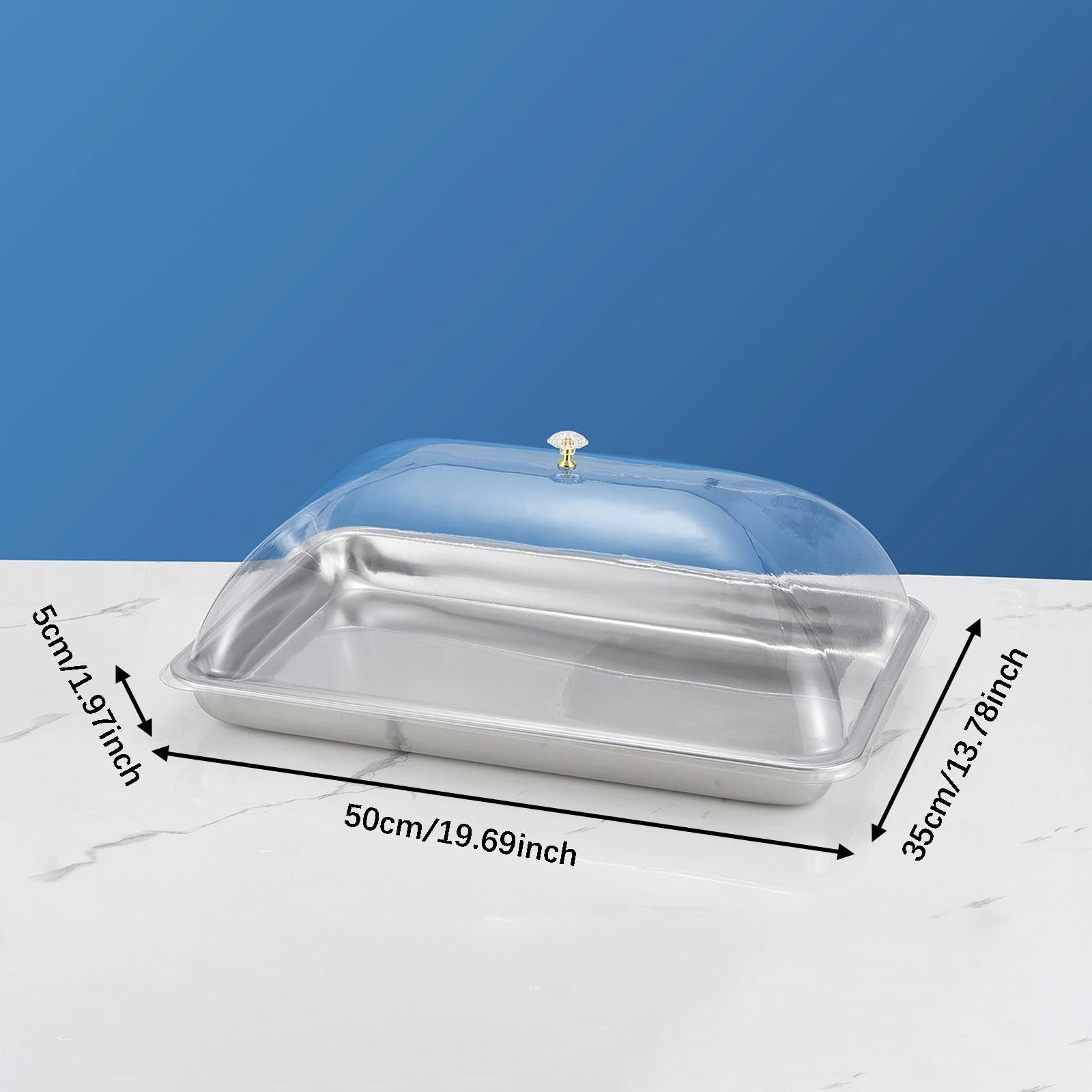 Vassoio da portata in acciaio inossidabile 304 con coperchio a cupola, vassoio multifunzionale per alimenti per festival e buffet, 50 x 35 x 5 cm, elegante, resistente, facile da pulire