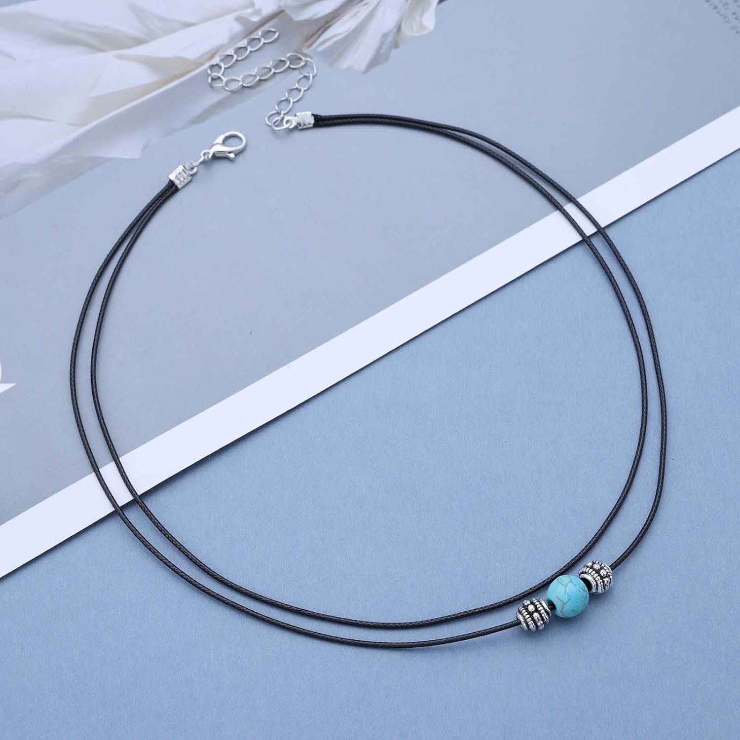 Boho Layered Leather Choker Necklace Tiny Turquoise Bead Necklace Black Leather Rope Necklace Suede Cord Turquoise Necklace Jewelry for Women - Image 3