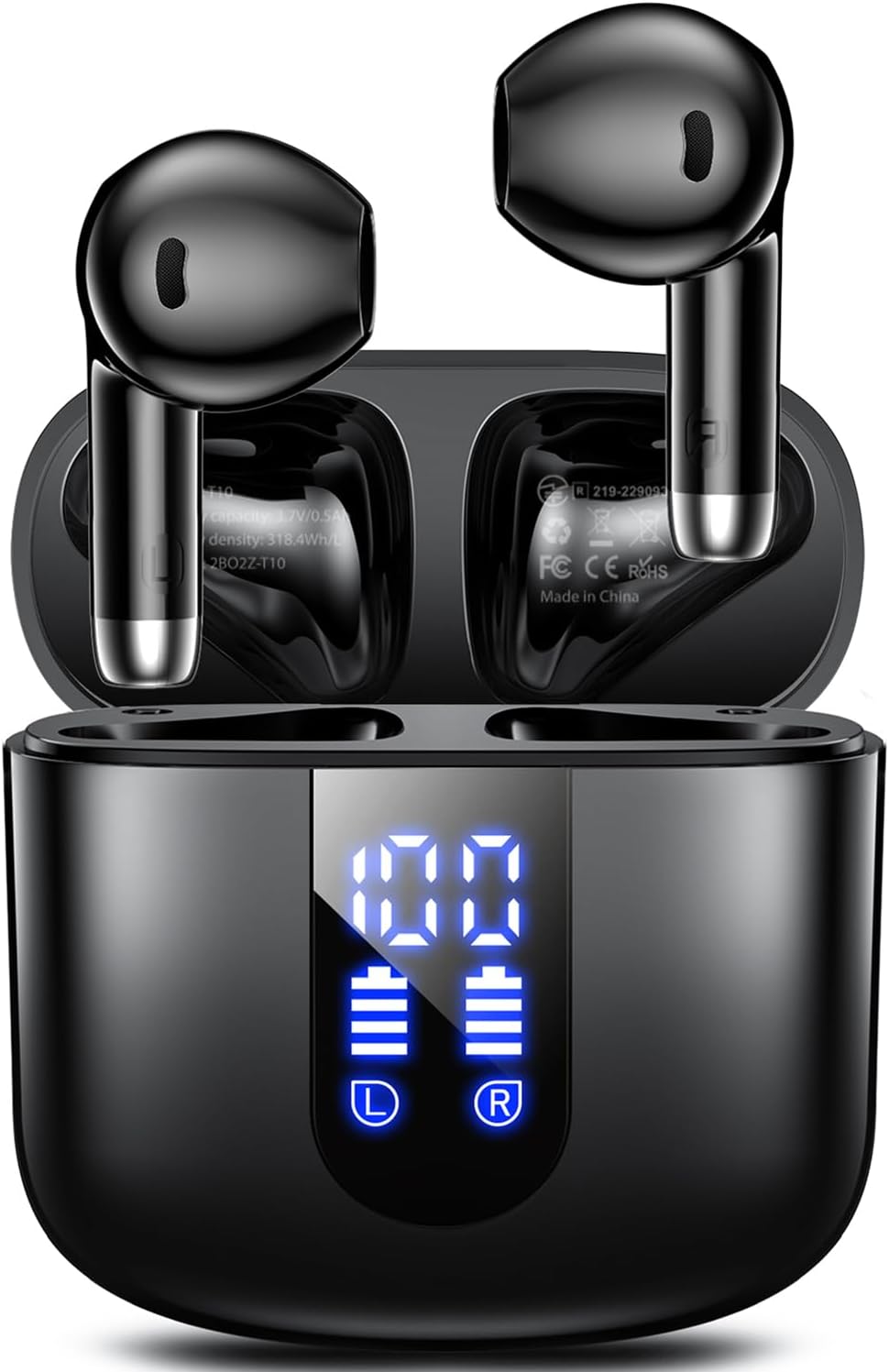 Wireless Earbuds, Bluetooth Headphones with Deep Bass Stereo, 48H Playback Ear Buds with LED Power Display, Lightweight, IPX7, in-Ear Earphones with Mic for iPhone/Android/iPad, Black
