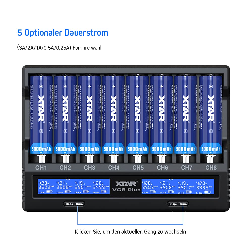 XTAR VC8 Plus - Cargador de batería y procesador 18650 para 8 baterías de iones de litio y NiMH, cargador de la UE y pantalla LCD