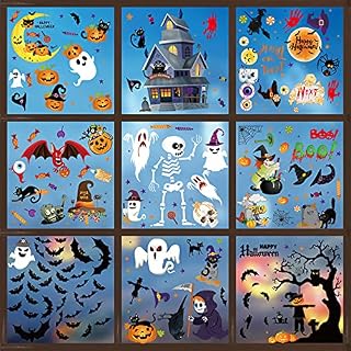 9 Sheets 239PCS Halloween Window Stickers, Double-Side Removable Bats, Castles and Pumpkins Static Window Clings Stickers, Spiders Window Decals for Halloween Party Window Decoration