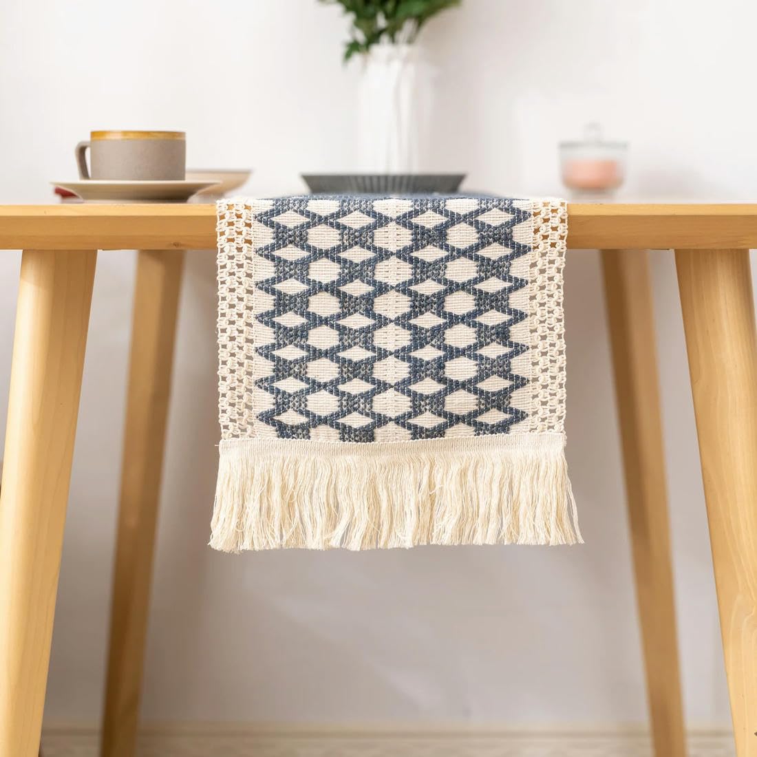 Boho Table Runner for Home Decor Macrame Cream Brown Farmhouse Table Runner with Tassels for Bohemian Dining Bedroom Decor