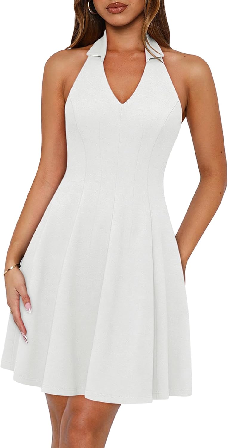 Lazysmile Summer Dresses for Women Sleeveless Halter Lapel V Neck Backless A Line Formal Cocktail Party Short Dress