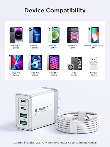 Miniatura 6 de Paquete de 2 Cargadores de Pared USB C, Bloque Cargador Rápido USB C de 40W y 4 Puertos con Puerto Dual QC+PD 3.0 Adaptador de Energía, Cargador de