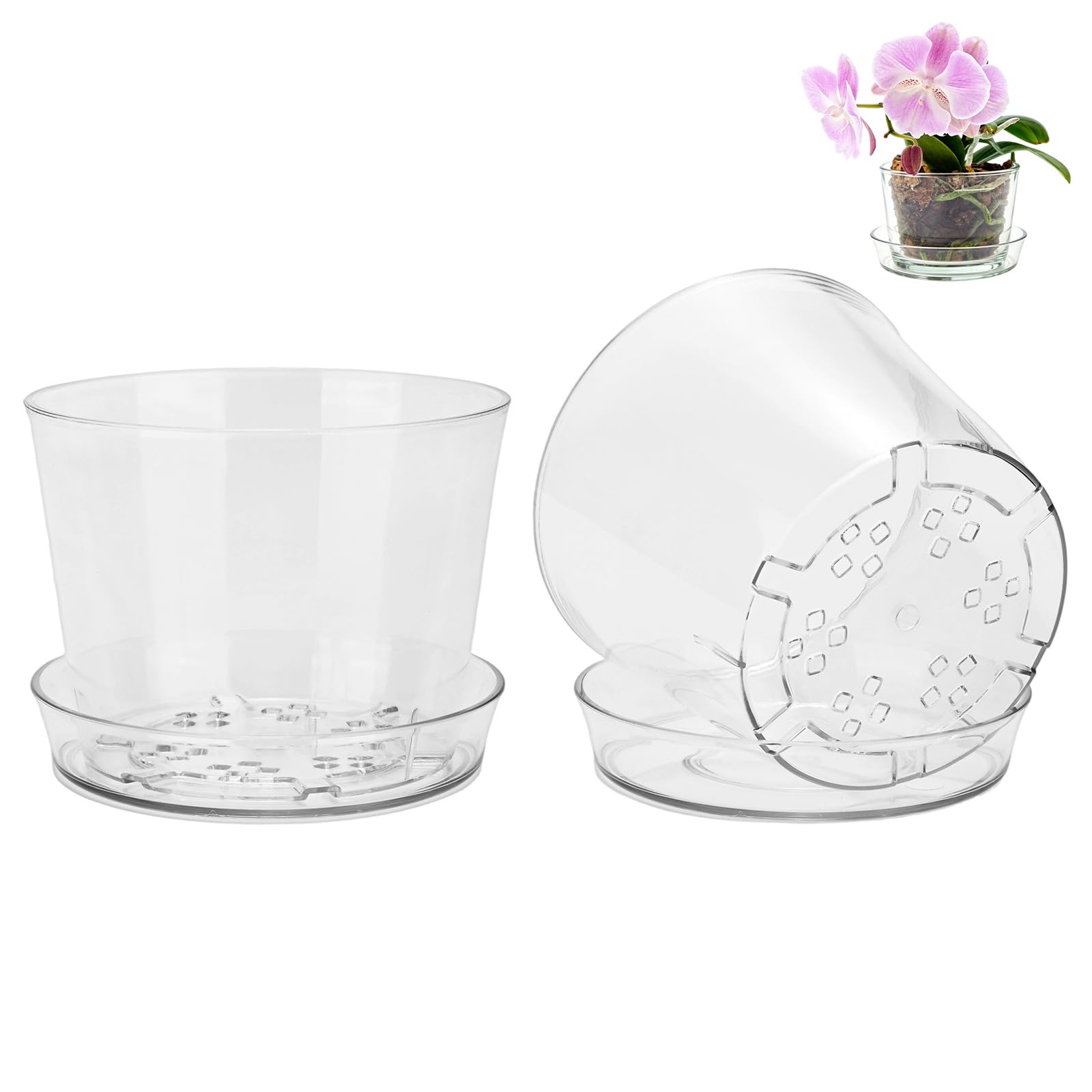 M METERXITY 3-Set Clear Plant Nursery Pots, 7 Inch Plastic Transparent Planter Orchid Pots with Drainage Holes and Trays for Indoor/Home/Office/Succulents/Herbs/Flowers [Clear]