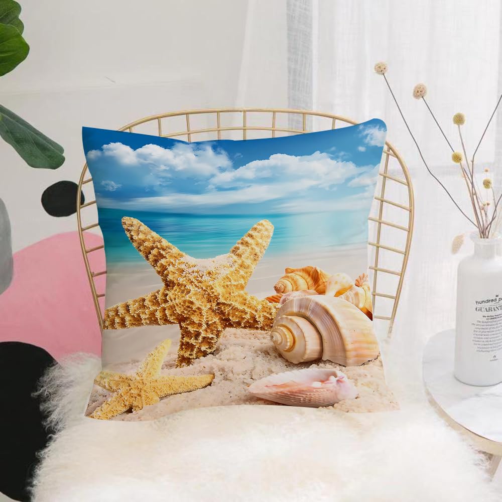 Hyosxw Quiet Beach Landscape, Starfish And Shells, - A10 Cushion Cover,Throw Pillow Case Home Decorative For Living Room Bedroom Sofa Chair 18X18 Inch,Quiet Beach Landscape, Starfish And Shells, Vivid Coastal Landscape Photography,Pillowcase 45X45cm