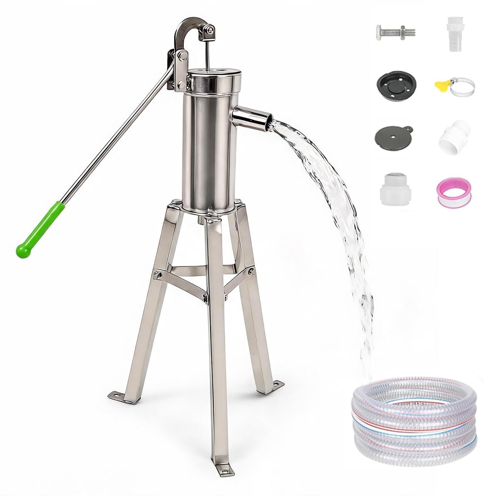 SICWEDIM Manual Water Pump, Outdoor Well Groundwater Extraction Suction Pump | 8m Suction Lift, Stainless Steel, Complete Accessories, 360° Handle, Leakproof, for Garden Yard Pond (5m Pipe 58cm H)