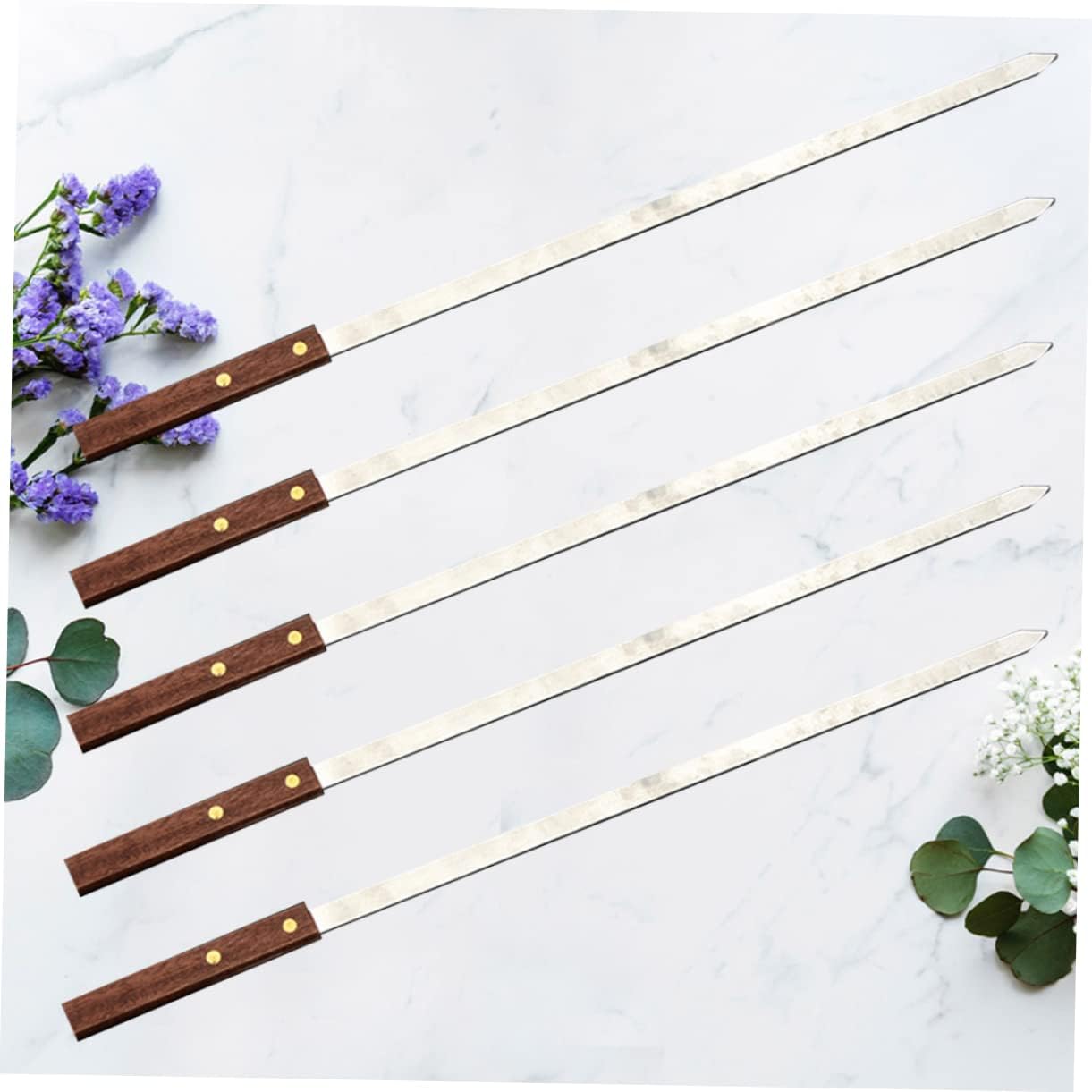 VICASKY 5pcs Stainless Steel Bbq Skewers Wooden Handle Flat Meat Skewers for Barbecue Reusable Rustless for Outdoor Dinner