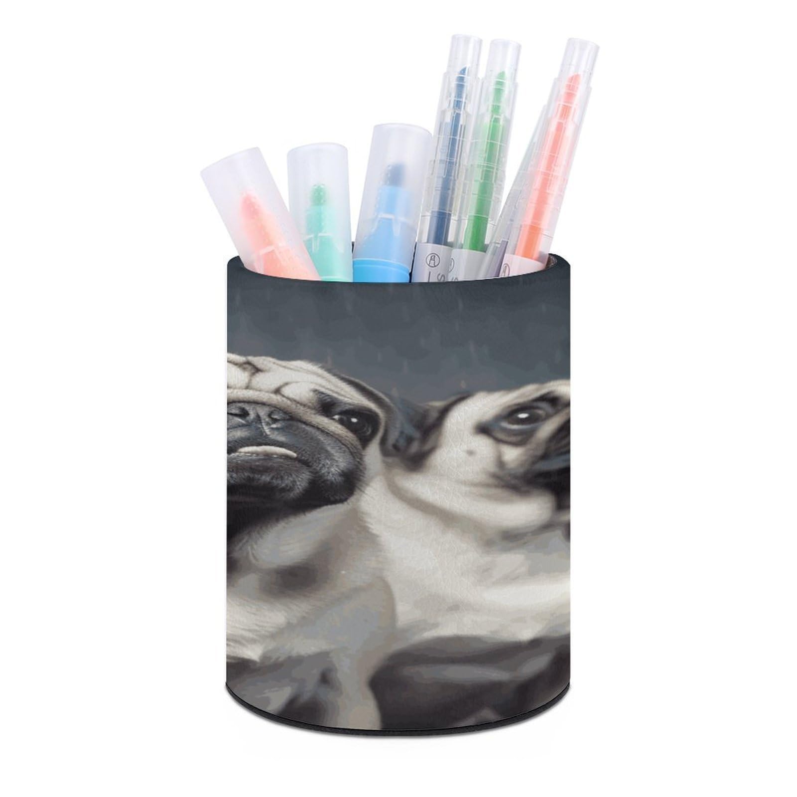 MUSM Funny Pug Dog Pen Holder Large Capacity Pen Holder Modern PU Pencil Holders Durable Waterproof Pens Cup for Home Office Desktop Organizer