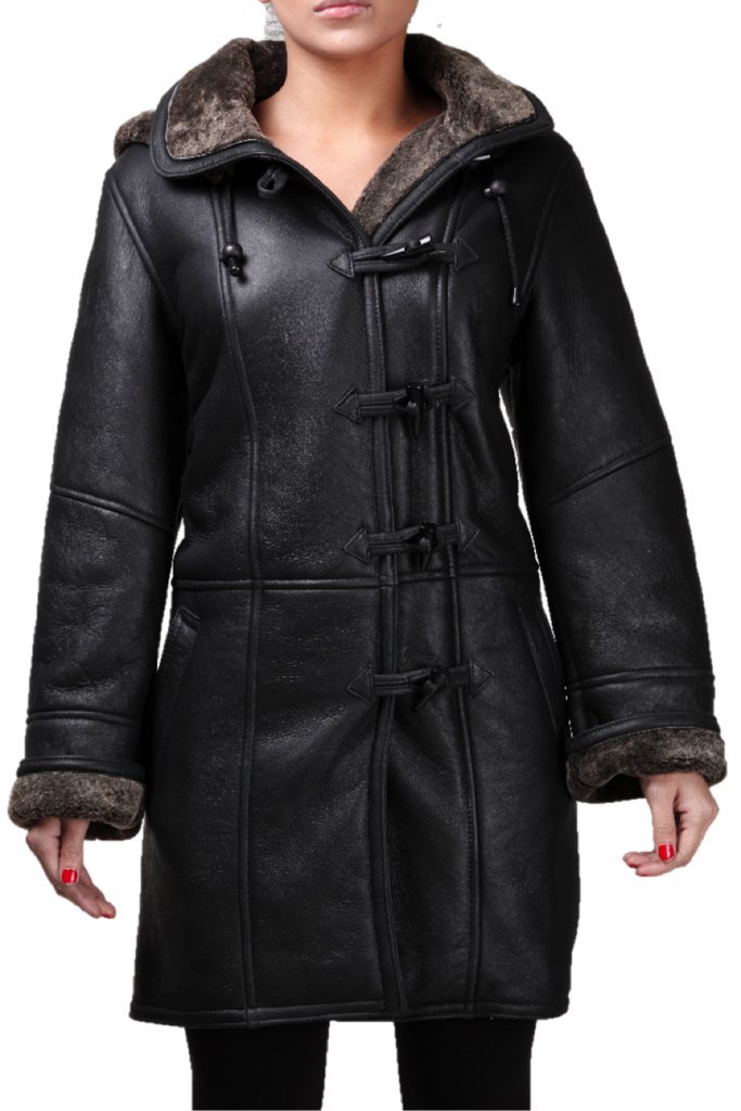 Women’s Black Warm Hooded Real Shearling Sheepskin Leather Duffle Coat
