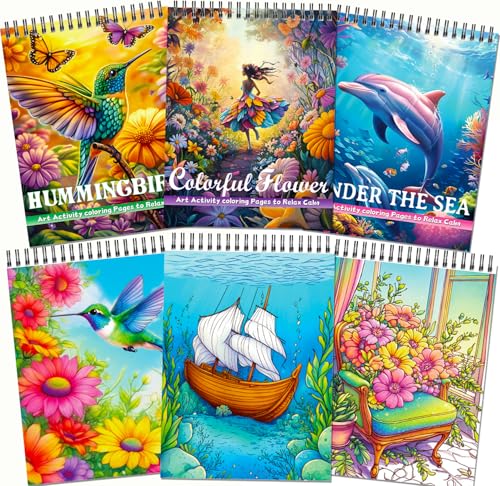 Aannanl 3 Pezzi Libri da Colorare per Adulti, A4 Album da Colorare Fogli Singoli,Libro da Colorare con Tema Colibrì, Fiori Colorati, Sotto il Mare,Antistress e Ansia (Blu)