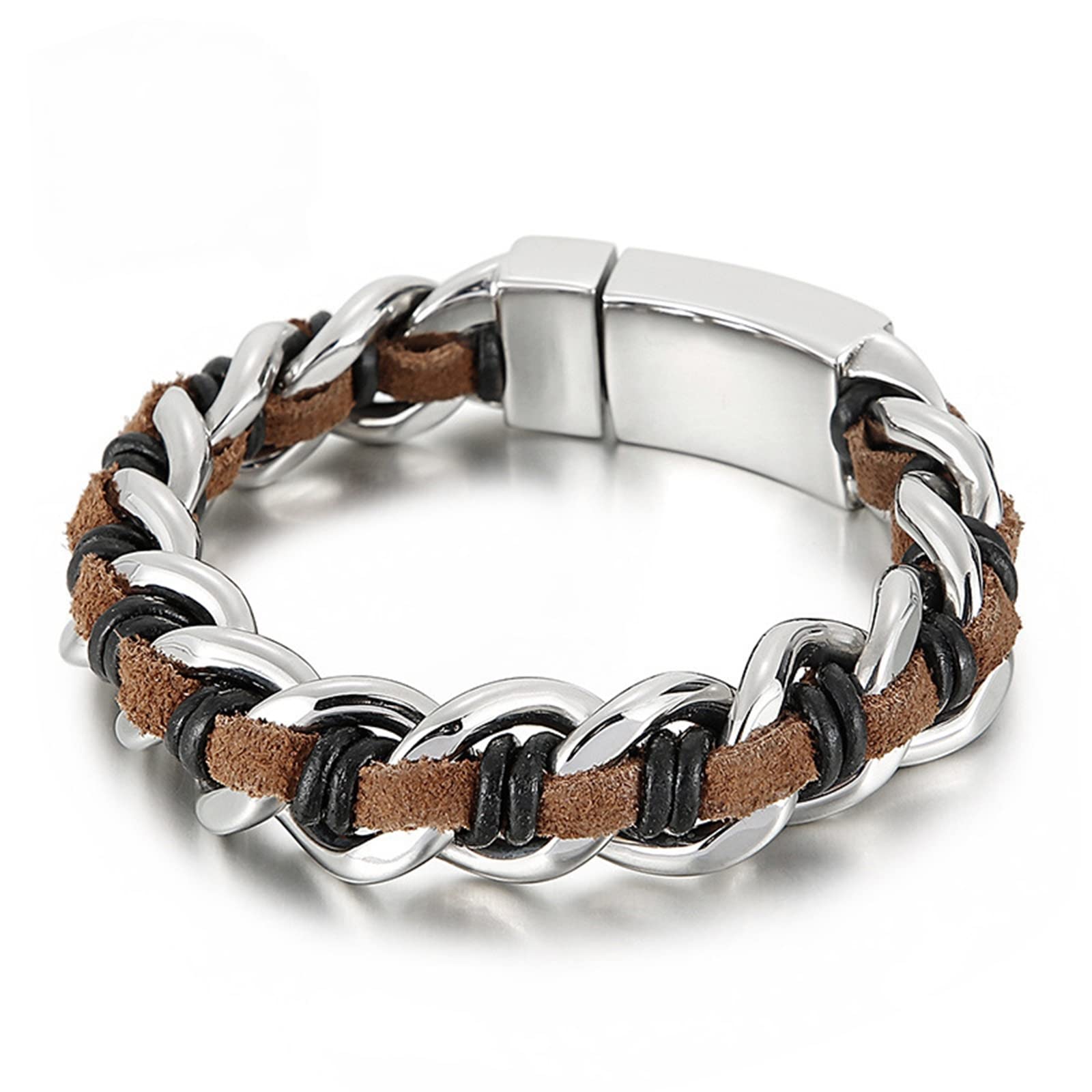 Bracelet Cuir, Bracelet Simple Marron Acier Inoxydable Cuir Maille Gourmette Mode Tressé Mariage Cadeau Bijoux Homme 21.5cmx16mm