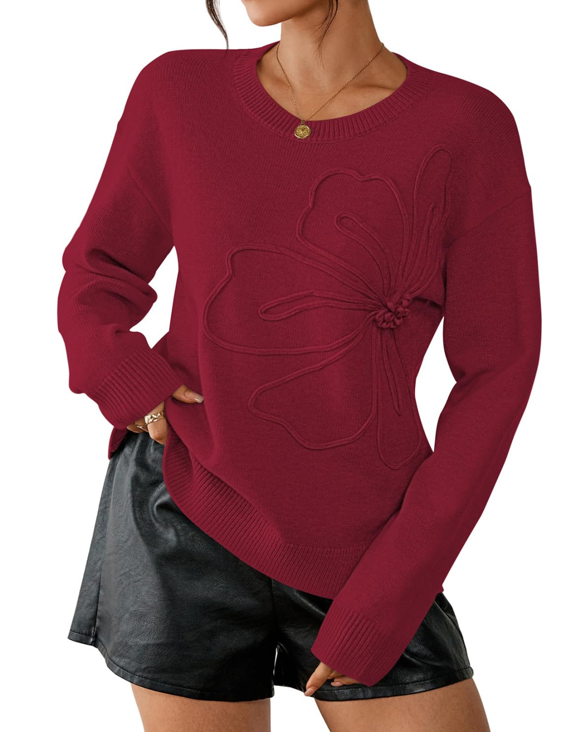 Pink Queen 2025 Womens Crew Neck Long Sleeve Pullover Sweater Ribbed Knit Floral Texture Casual Jumpers Tops