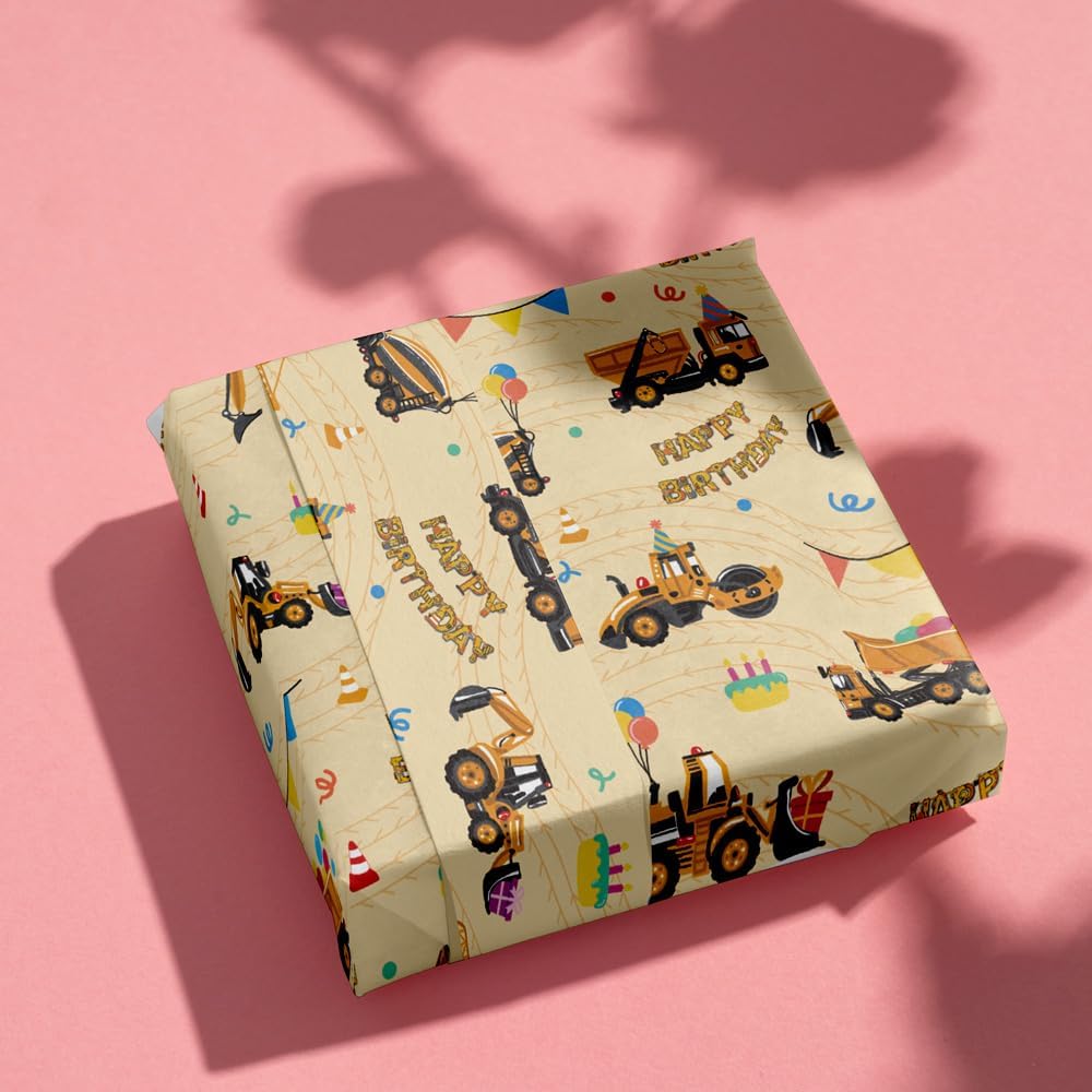RiukRaiu Construction Wrapping Paper for Boys – Yellow Mixer Truck Crane Balloon Gift Wrap for Birthday Party - 4 Folded Sheets 28 X 40 Inch, Easy to Store image 5