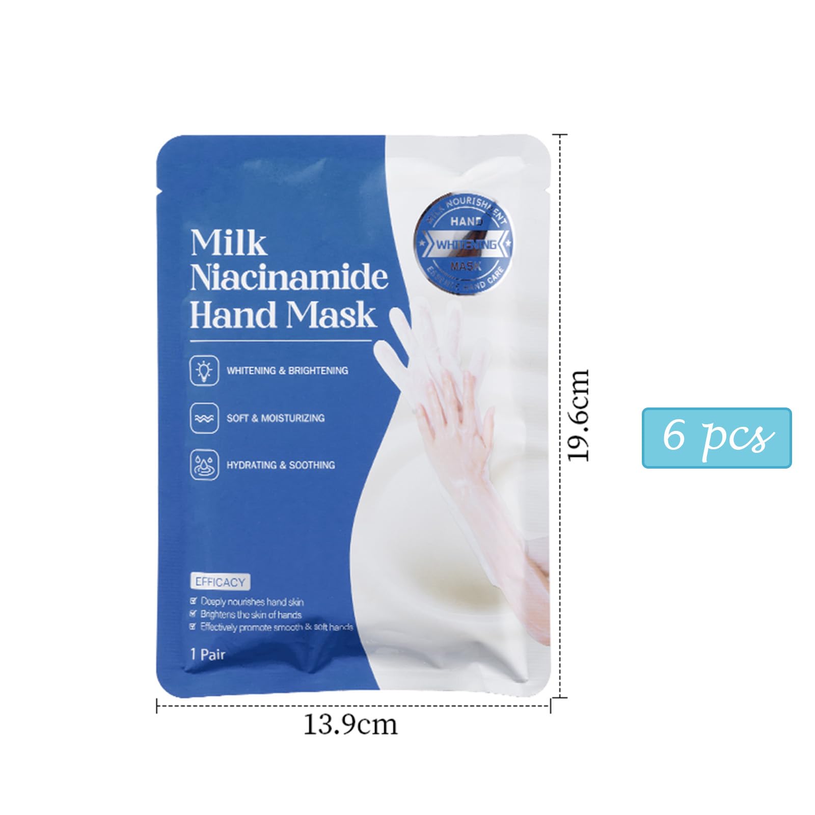 Milk Niacinamide Maschera idratante per le mani, 6 maschere per le mani con latte e niacinamidi, maschera per la cura intensiva delle mani contro le mani secche, per pelli delicate e luminose