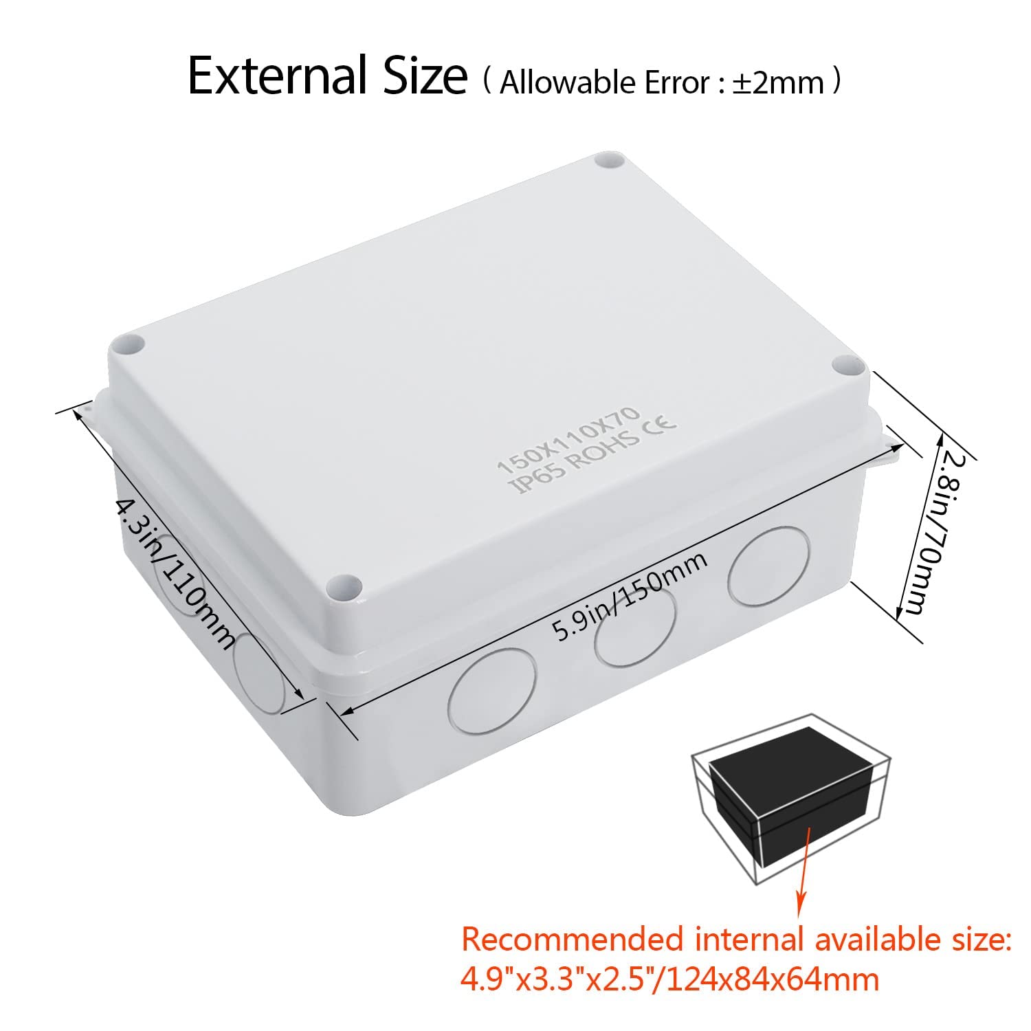 Electrical Junction Box IP65 Water Resistant Dustproof ABS Plastic Project Enclosure for Electronics White (150X110X70) — Amazon image 6
