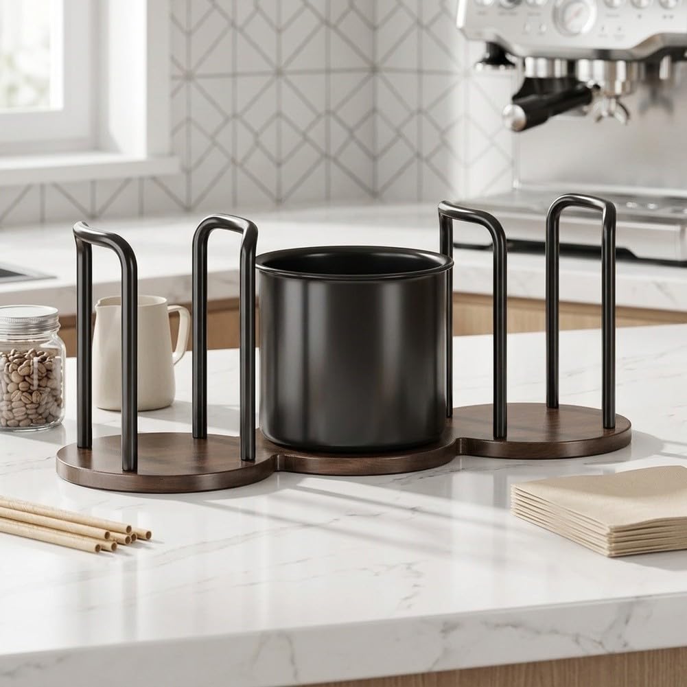 QOXEZY Arbeitsplatten-Becherhalter, 3-in-1-Multifunktions-Aufbewahrung für Pappbecher, Strohhalme und Kaffeezubehör, stabiler Karbonstahl für Küchentheke, Kaffeebar, Büro-Pausenraum(6)