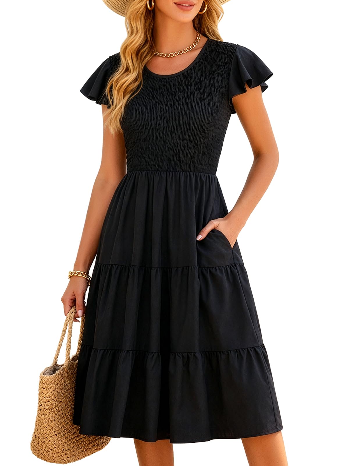 Photo 1 of Berydress Smocked Midi Dress with Pockets - Black