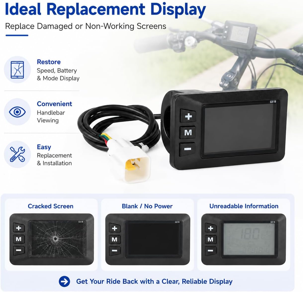 Electric Bike Display Screen, LCD Control Panel Meter, E-Bike Speedometer Computer Replacement, Handlebar Display Accessories, Compatible with Heybike Villain Electric Dirt Bike
