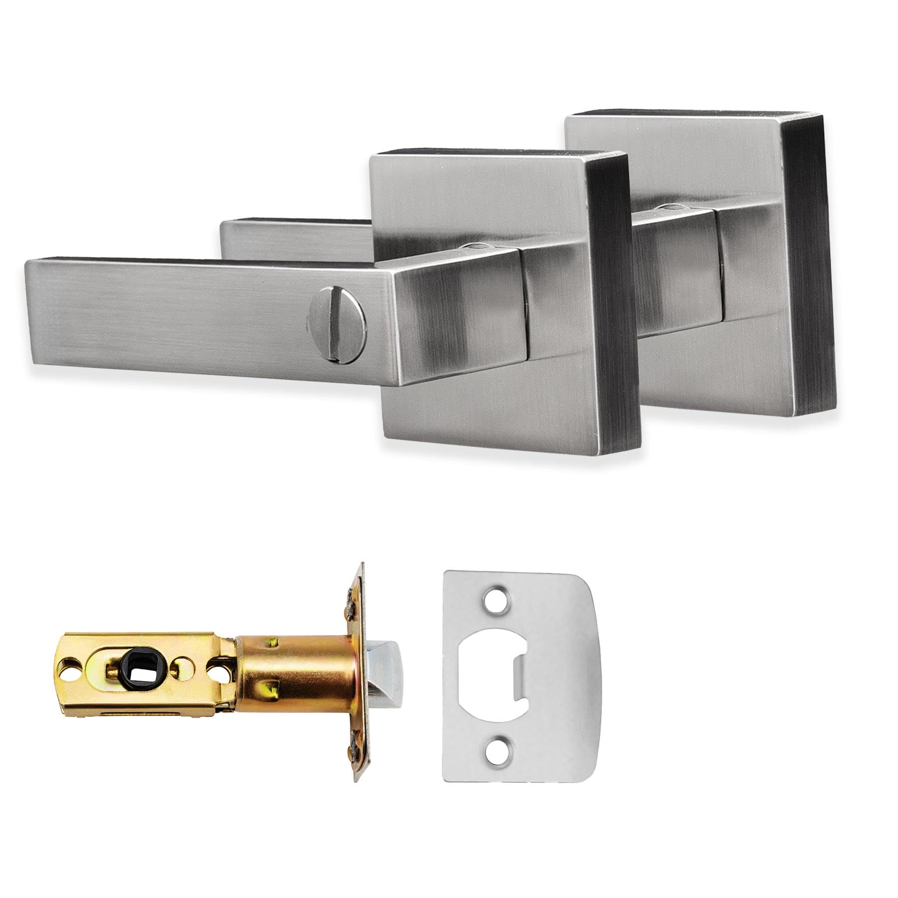 Xfort Satin Chrome Quad Privacy Knob Set Keyless Door Knob With Lock For Internal Wooden Bathroom Doors, Complete Set With Tubular Latch