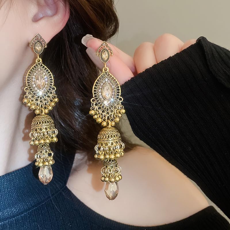 Missgrace Boho Indian Dainty Rhinestone Crystal Dangle Teardrop Long Earrings for Women Vintage Retro Chandelier Earrings Beaded Crystal Jhumka Jhumki Tassel Studs Traditional Silver Gold-Plated Earrings for Women - Image 3