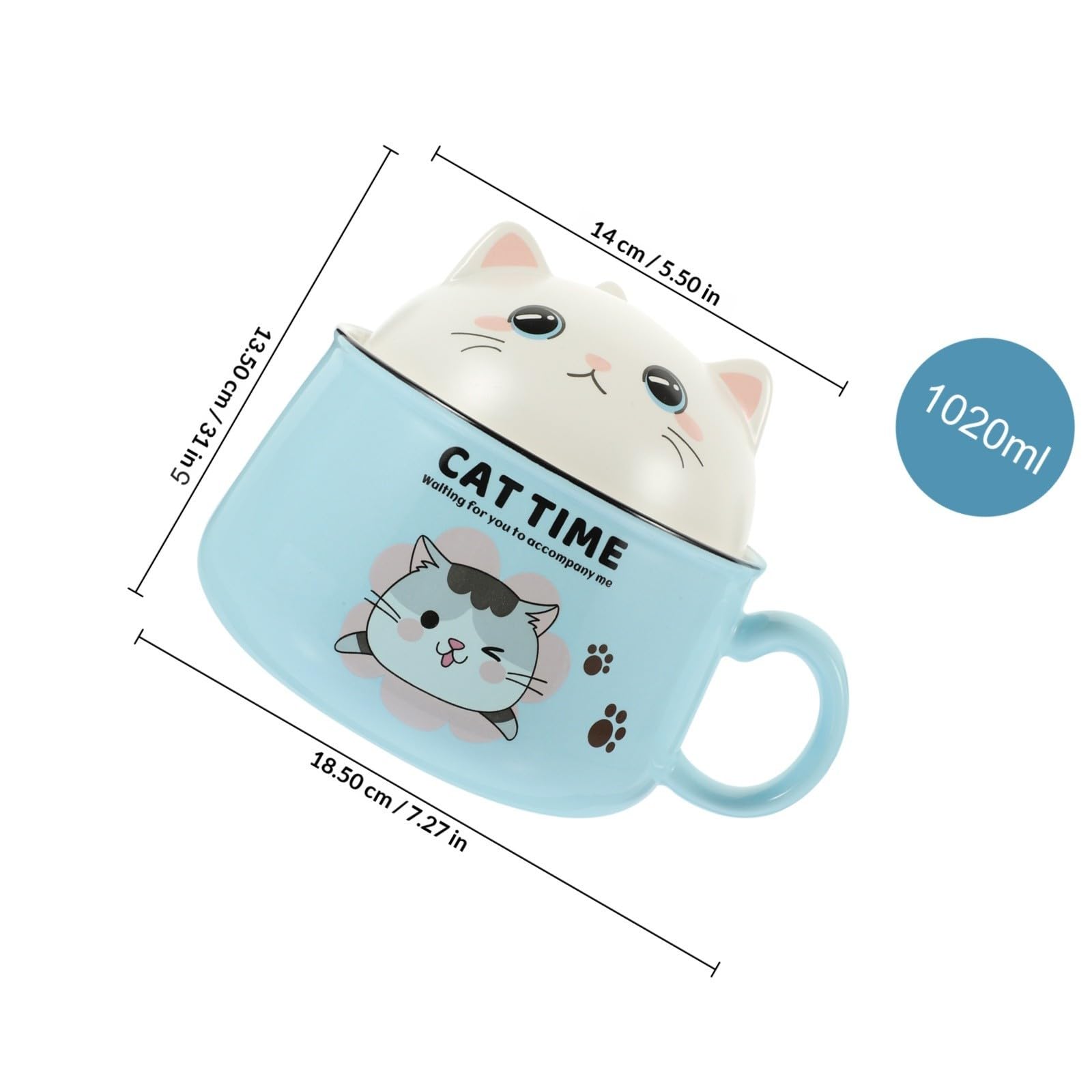 jojofuny Ramen Schüssel mit Cartoon Katzenmotiv 1020ml Keramik und Edelstahl mit Deckel und Essstäbchen für Instant Nudeln und Suppen