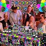 Neon Party Supplies Serves 24,Glow in The Dark Themed Tableware Including Plates,Napkins,Banner,Tablecloths Neon Birthday Party Decorations for Let's Glow Baby Shower Birthday Favors - Image 2