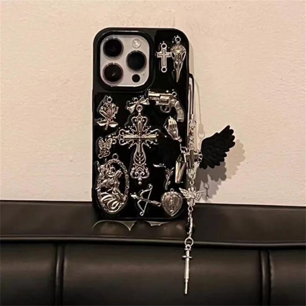 for iPhone 13 Case, Creative Metallic Bless Cross Y2k Tide Cool Cupid Angel Stylish Case with Aesthetics Wing Charm Pendant Aesthetics Protective Cover (for iPhone 13) image 4