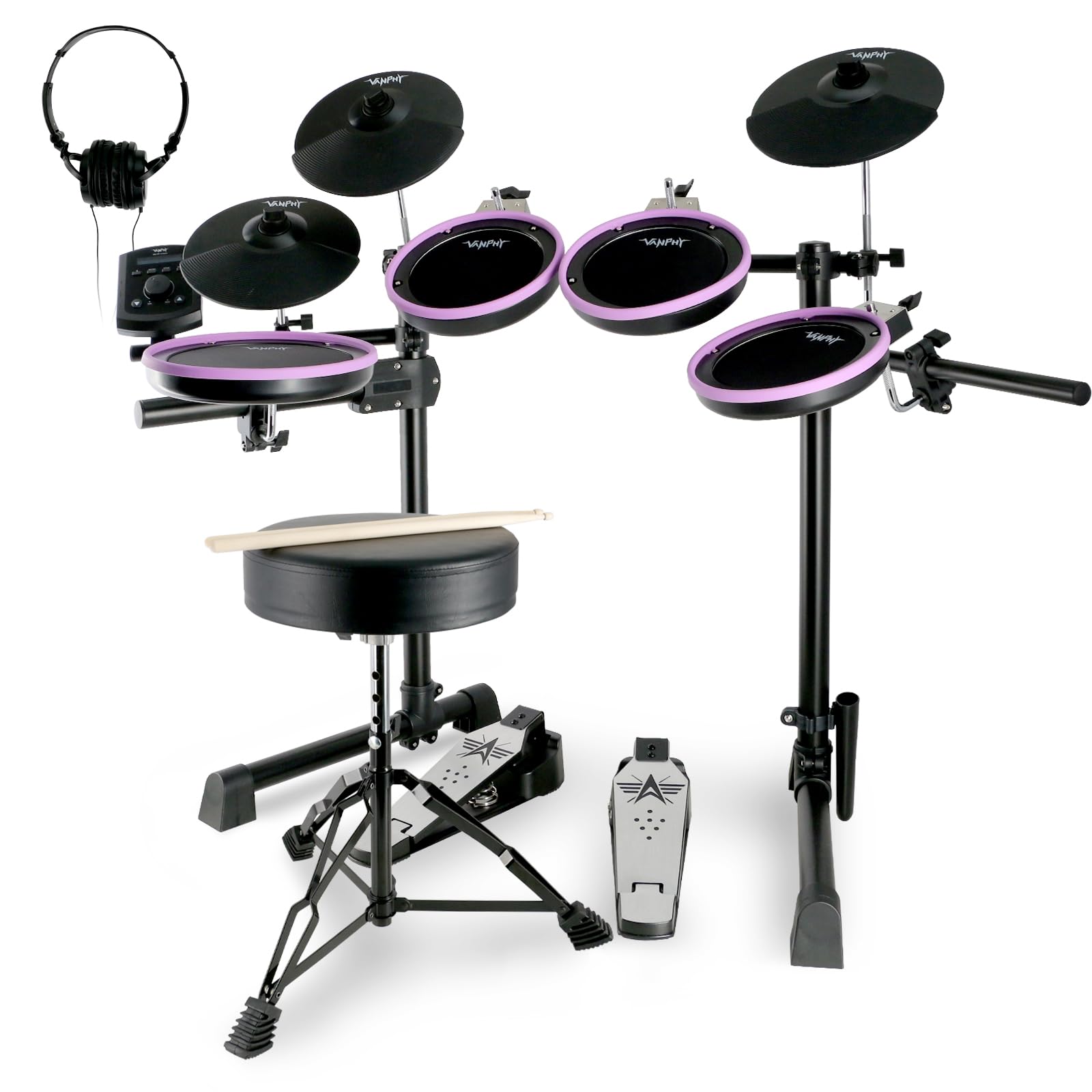 Elektrisches Schlagzeug-Set, elektronisches Schlagzeug-Set für Anfänger, elektrische Trommeln mit leisen Mesh-Pads, 20 Schlagzeug-Set, 350 Sounds 2 Pedale, Bluetooth-Sticks, Schlagzeughocker