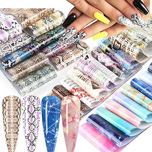 50 Sheets Nail Foil Transfer Sticker Kit，Holographic Laser Nail Transfer Foils Set Butterfly Newspaper Lace Marble Serpe