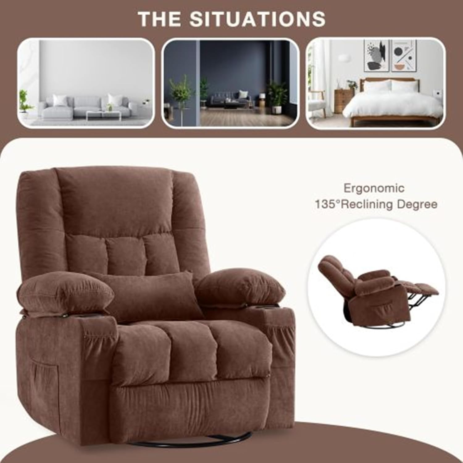 Easy to Operate Swivel Recliner with Heat & Massage, 360° Swivel Glider, Simple Control Reclining Chair with USB & Side Pockets for Seniors & Adults
